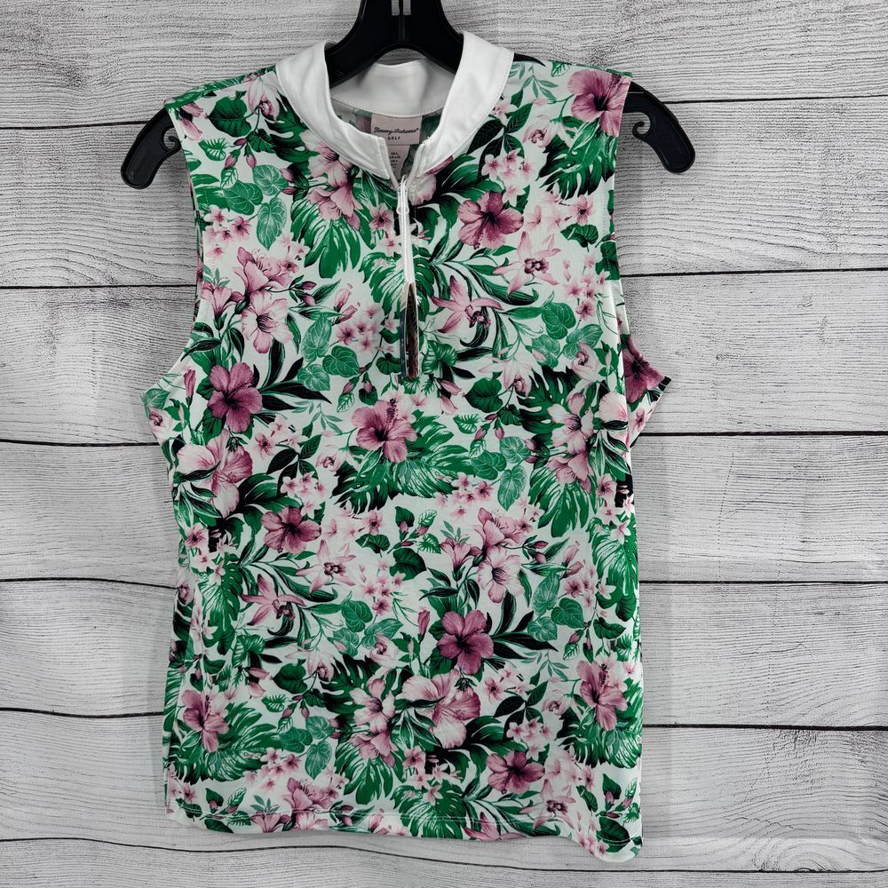 Tommy Bahama Golf Womens Large Sleeveless Polo Shirt Floral UPF 50 Quarter Zip